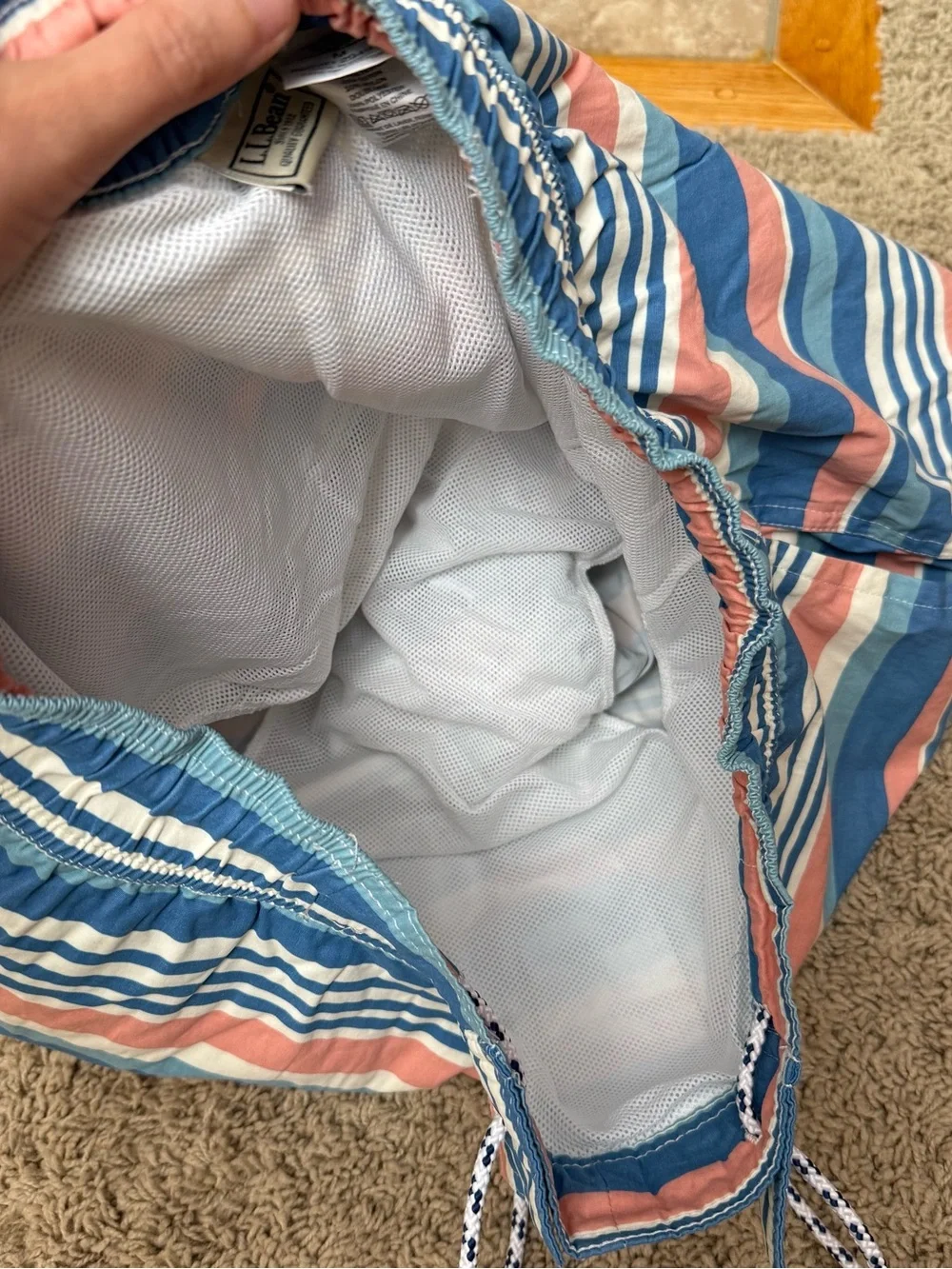 L.L. Bean Striped Coral and Blue Swim Trunks
